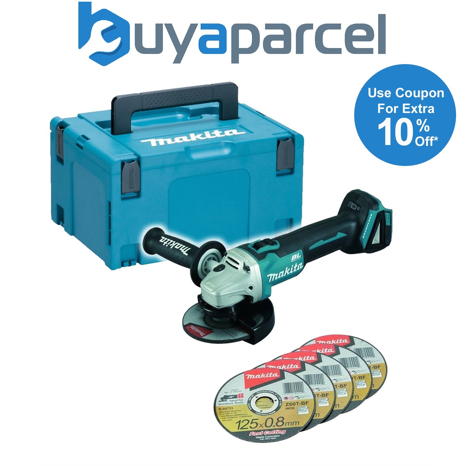 Makita DGA504Z 18v Brushless 125mm Angle Grinder Lithium Bare + 5 Discs + Case