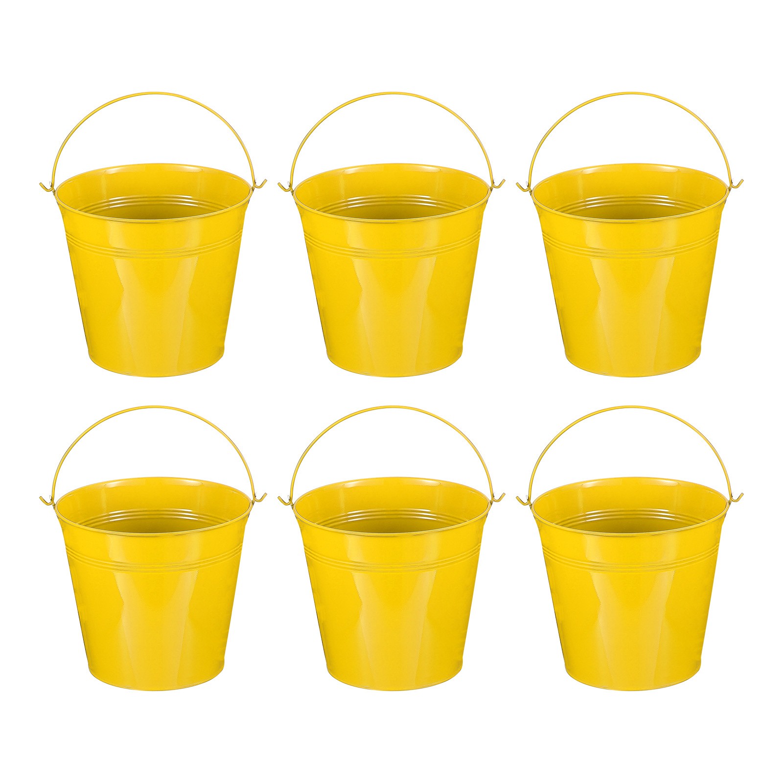 6 Pcs 7"x6.2" Small Metal Buckets with Handle Mini Galvanized Bucket Yellow