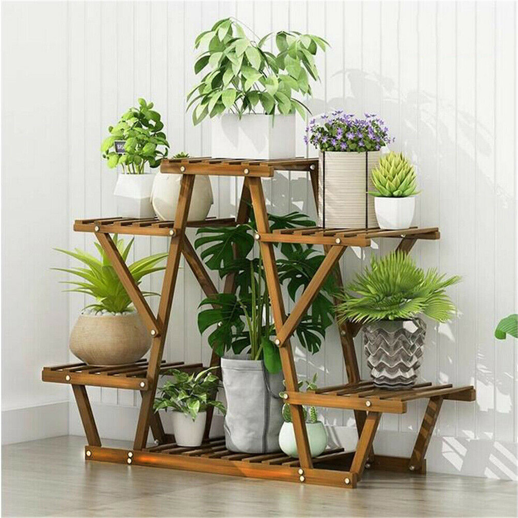 Heavy Duty Pine Wood Plant Stand Triangle In-Outdoor Flower Succulent Pots Shelf