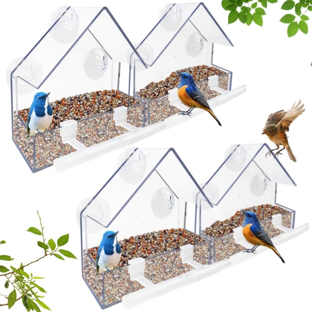 Window Bird Feeder 4 Pack, Bird House for Outside with 4 Rod, Small Acrylic Win