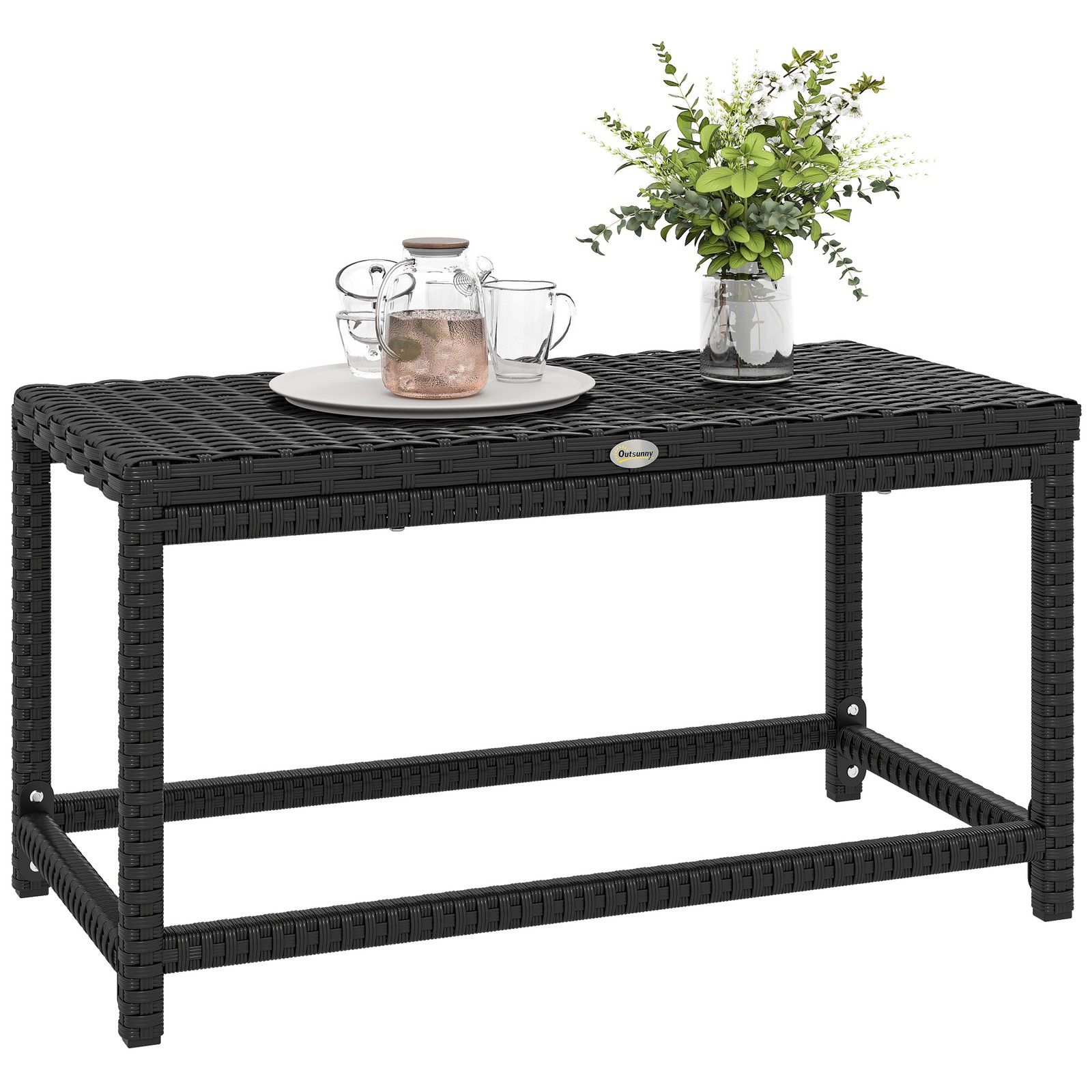 Outsunny Outdoor Coffee Table, PE Rattan Side Table w/ Plastic Board, Black