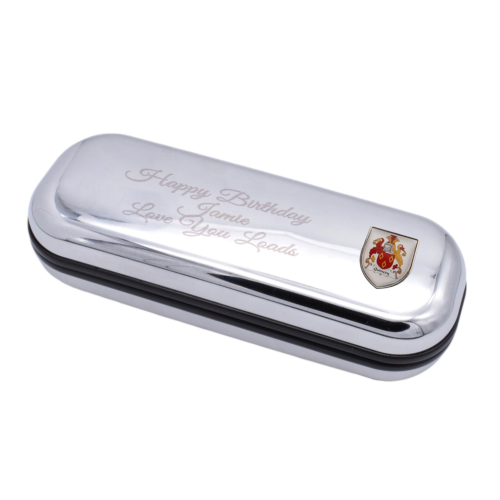 Personalised With Family Crest & Engraved With Message Chromed Glasses Case Box