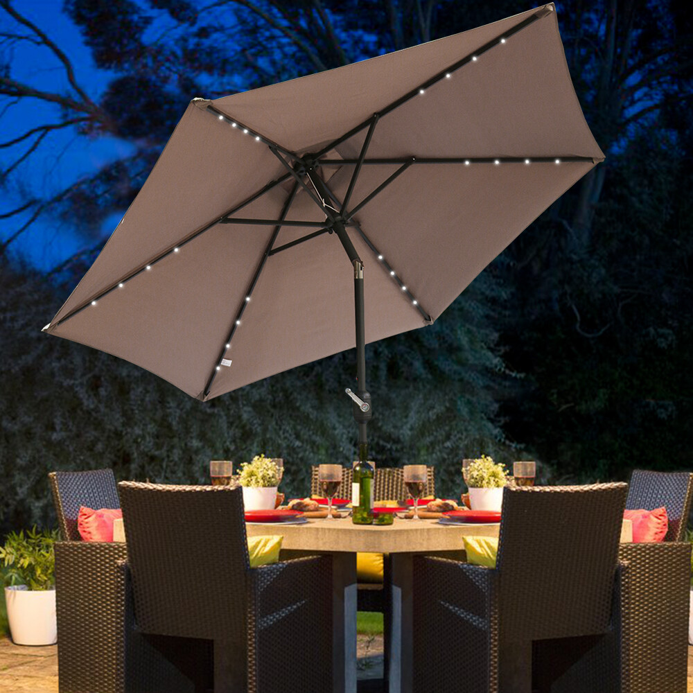 2.5M Round Garden Parasol LED light Umbrella Patio Sun Shade Crank Tilt Taupe