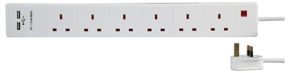 3m 6 Gang Way 3m 13A Mains Power Extension 2 x USB Charge Ports White