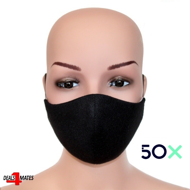 50 Pack Fabric Face Mask Black Reusable Washable Breathable Mouth Cover