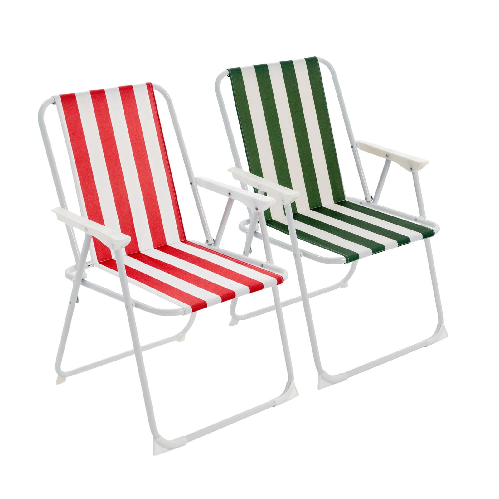 Metal Garden Armchair Folding Low Portable Camping Beach, Red & Green Stripe x2