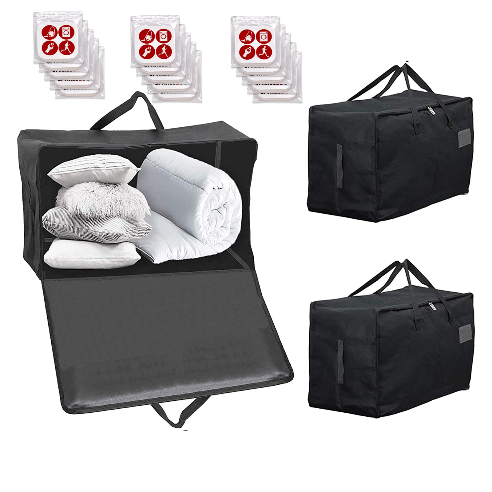 Large Canvas Bag Zipped Duvet Bedding Pillow Storage Zip Nylon 100L Black x 3