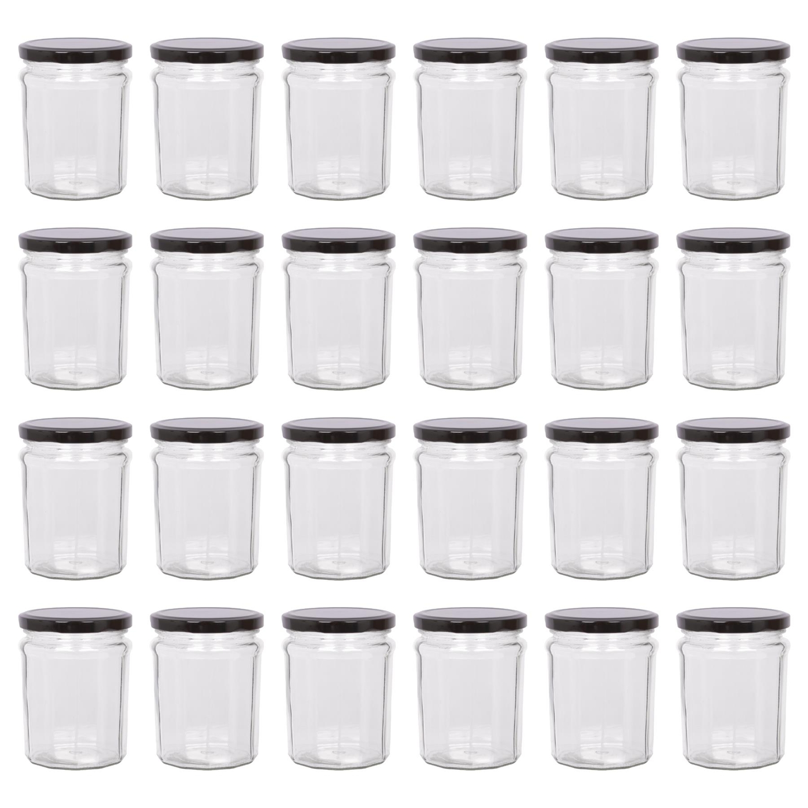 24x 380ml Glass Jam Jars with Black Lids Chutney Preserve Honey Pickle Storage