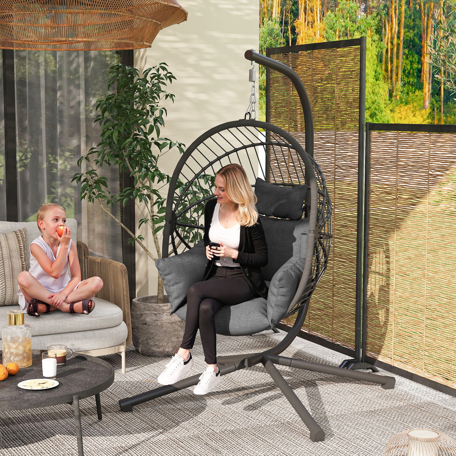 Hanging Swing Chair w/ Thick Cushion, Rope Structure Patio Hanging Chair, Grey
