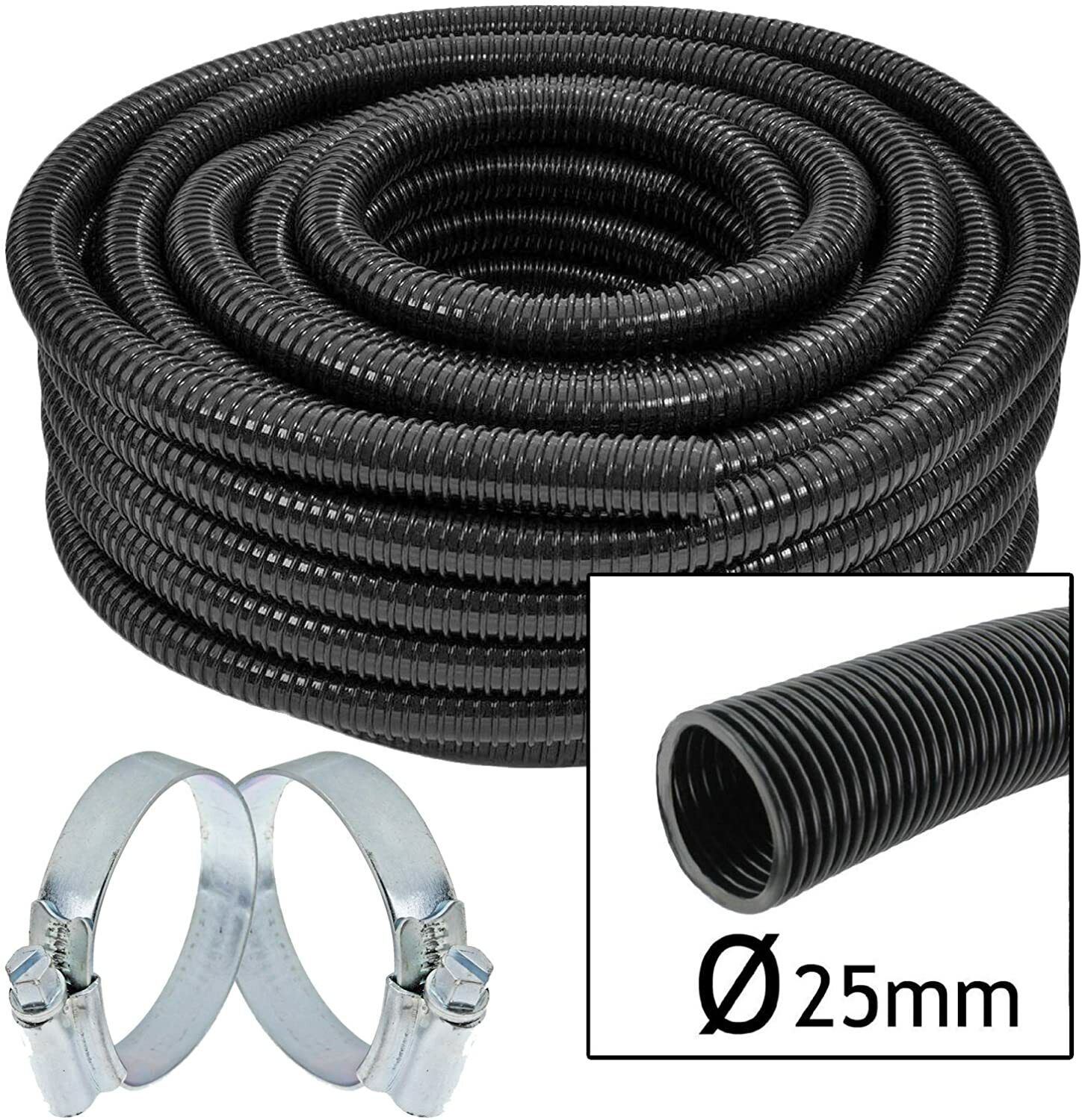Flexible Water Butt Extension Overflow Hose Pipe + 2 x Clamp Clips 25mm x 15m