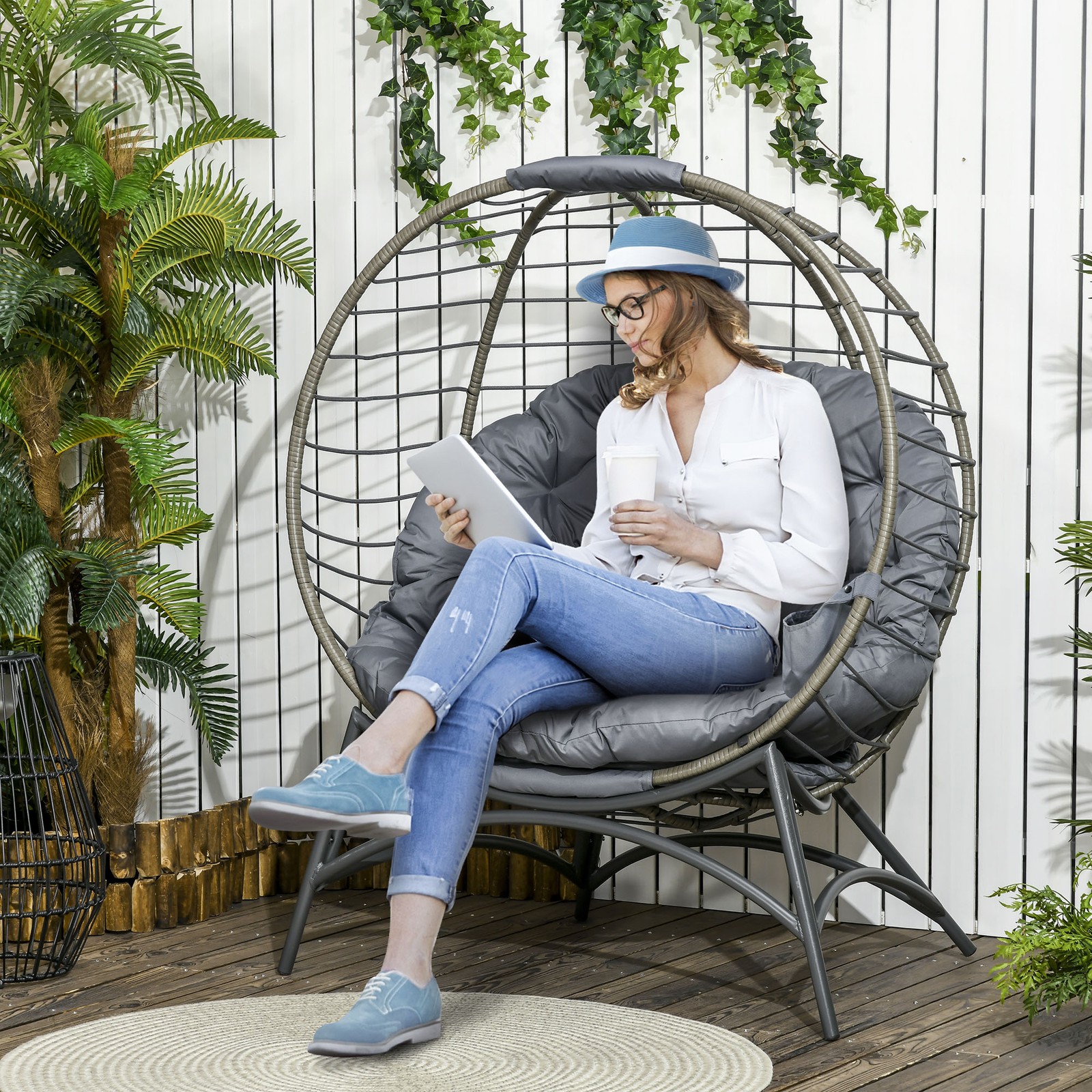 Freestanding Egg Chair Foldable Rattan Basket Chair for Outdoor or Indoor Grey