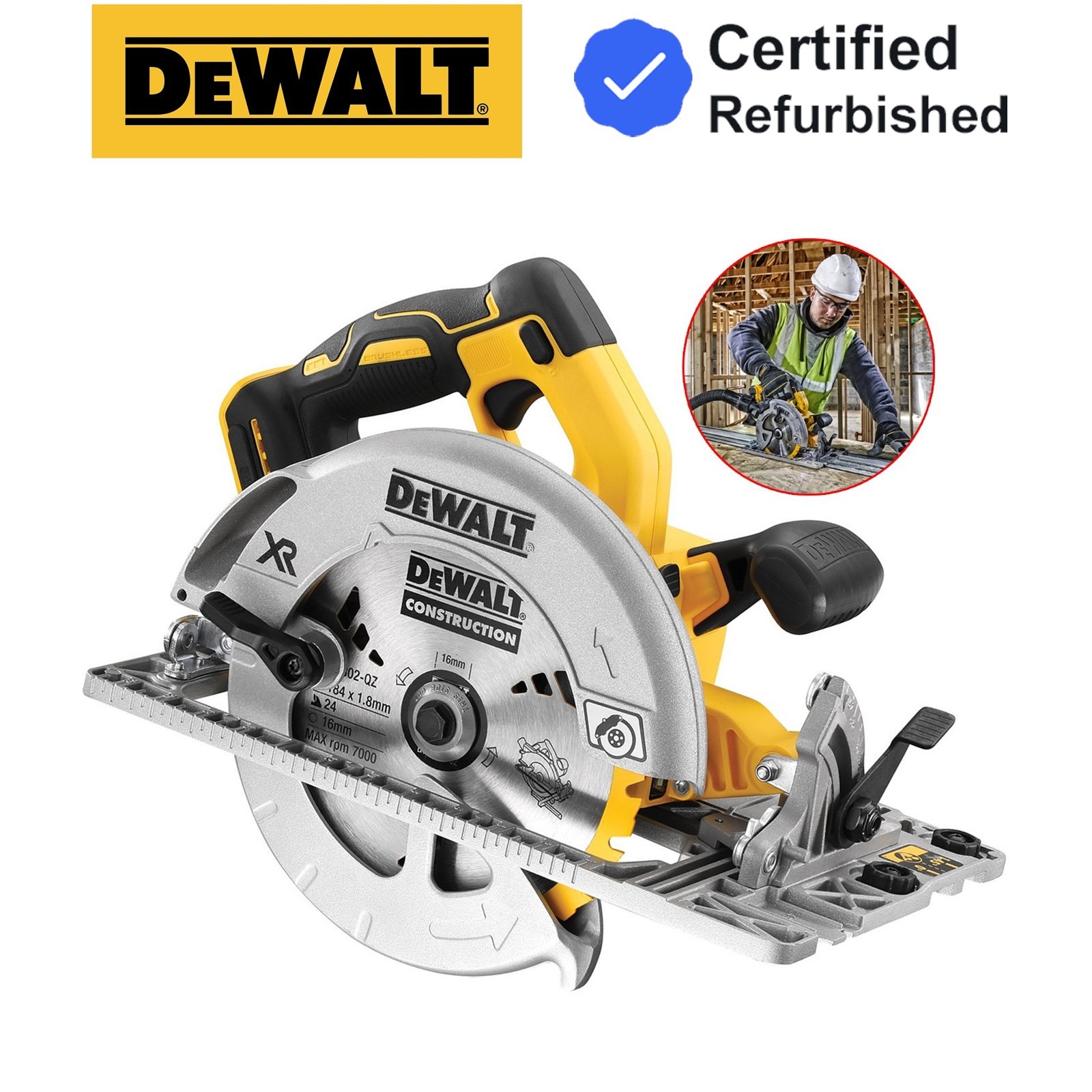 Dewalt DCS572N 18v XR Brushless 184mm Circular Saw with Guide Rail Base - Bare