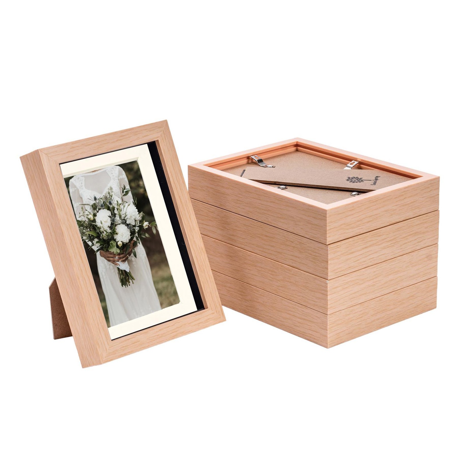 5x 3D Box Photo Frames Display 5 x 7" with 4 x 6" Mount Light Wood/Ivory