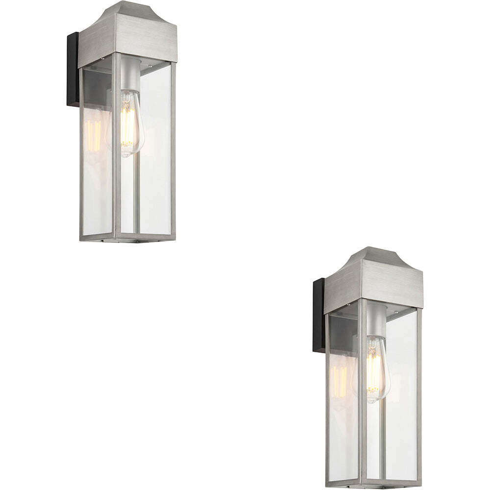 2 PACK IP44 Outdoor Wall Light Aged Pewter Rectangle Glass Lantern Porch Lamp
