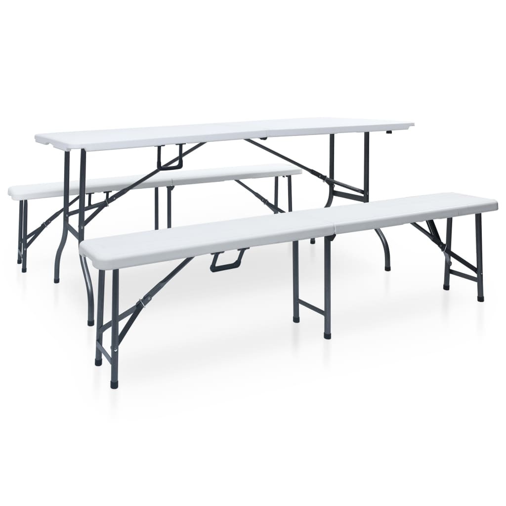 Folding Garden Table with 2 Benches Steel and HDPE White Patio Set vidaXL