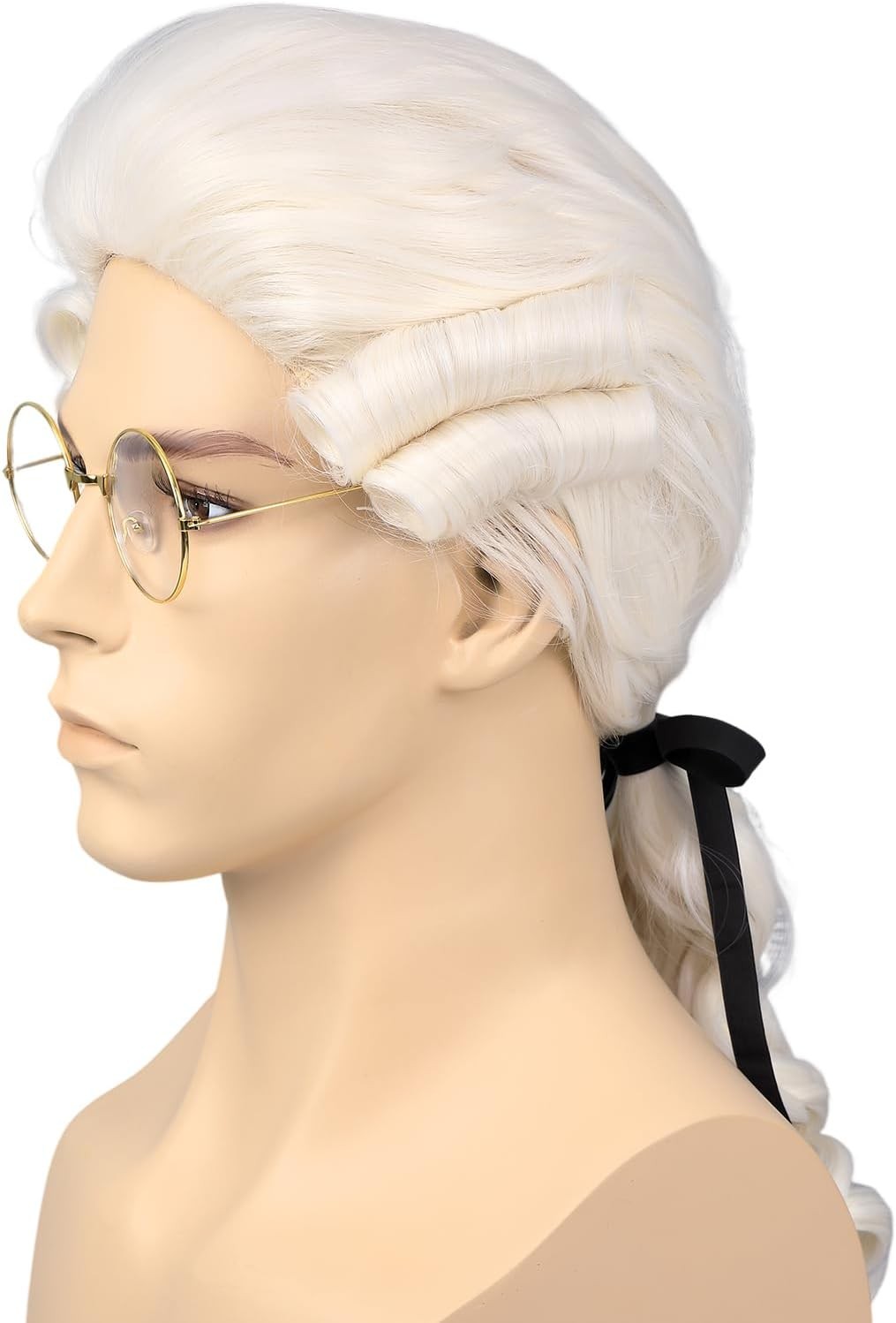 Mens Judge Colonial Wig with Glasses Long White Powdered Wavy Wig Washington Co