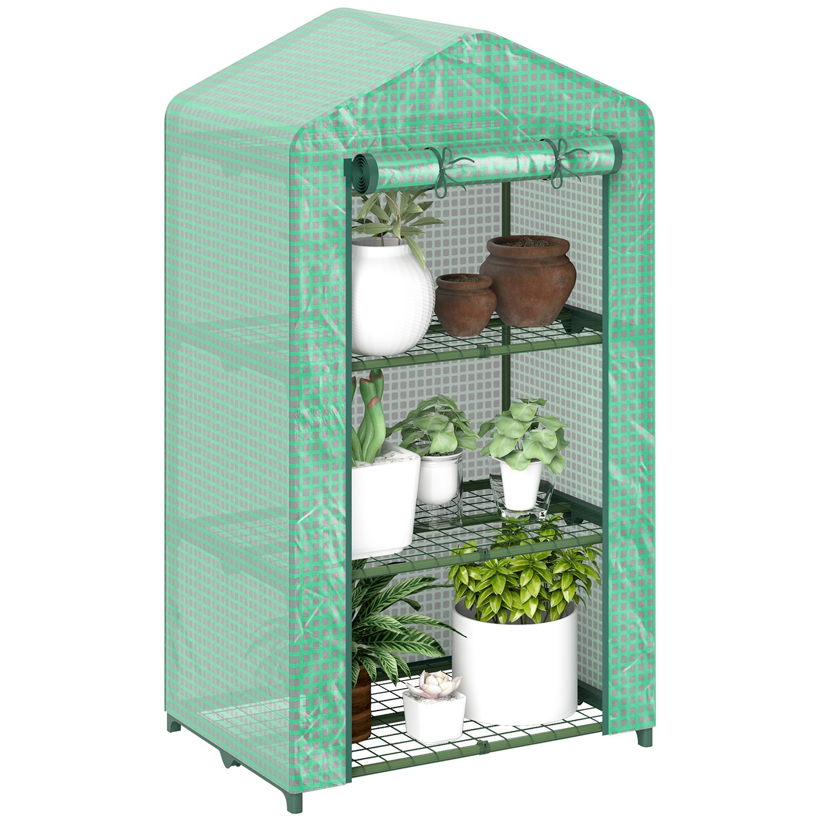 Outsunny 3 Tier Mini Greenhouse Grow House w/ Roll Up Door, Green