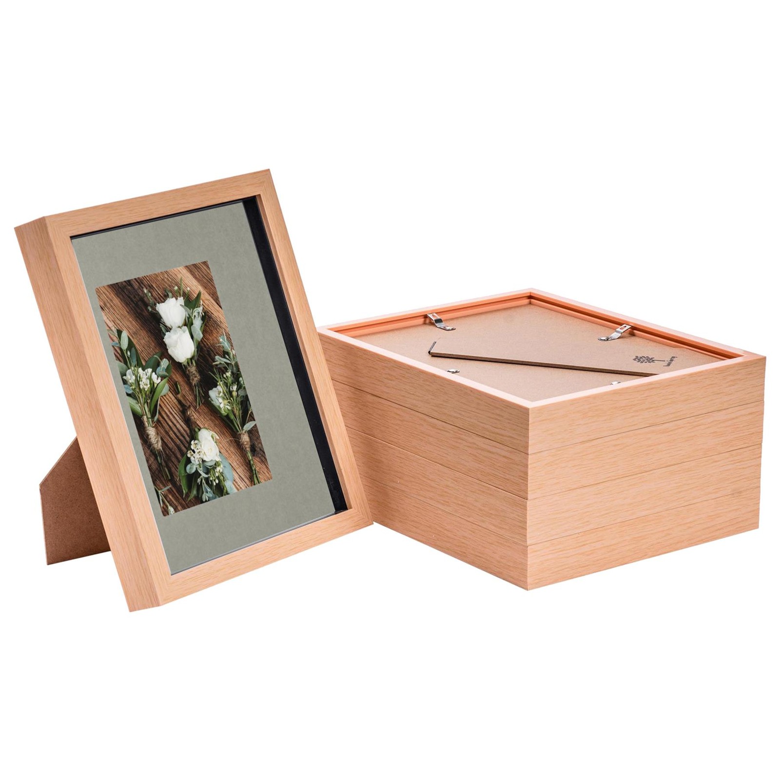 5x 3D Box Photo Frames Display 8 x 10" with 4 x 6" Mount Light Wood/Grey