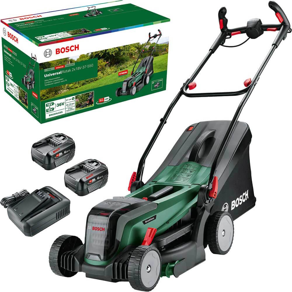 Bosch UNIVERSALROTAK 2X18V-37-550 P4A 36v Cordless Rotary Lawnmower 370mm 2 x 6a