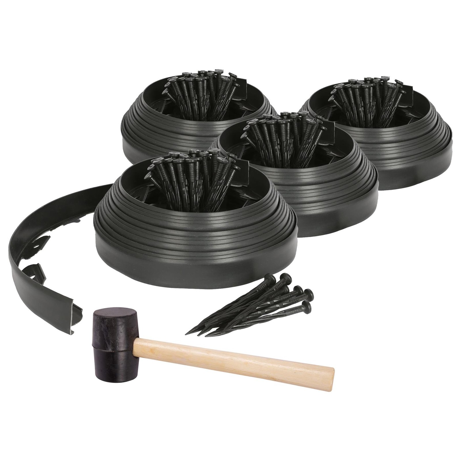 4x Flexible Plastic Lawn & Path Edging with 160 Pegs & Mallet 40m x 4cm Black