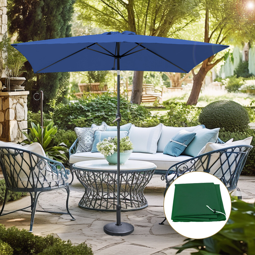 2x3m Rectangular Blue Garden Parasol Sun Shade Umbrella Crank Tilt w/ Base Cover
