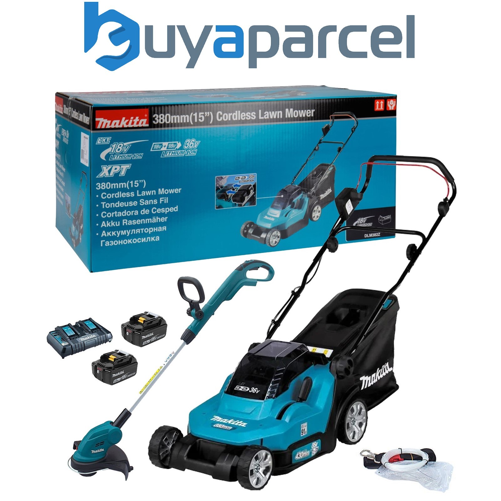 Makita DLM382CT2 18v / 36v LXT Cordless Battery Lawn Mower 2 x 5.0ah + Trimmer
