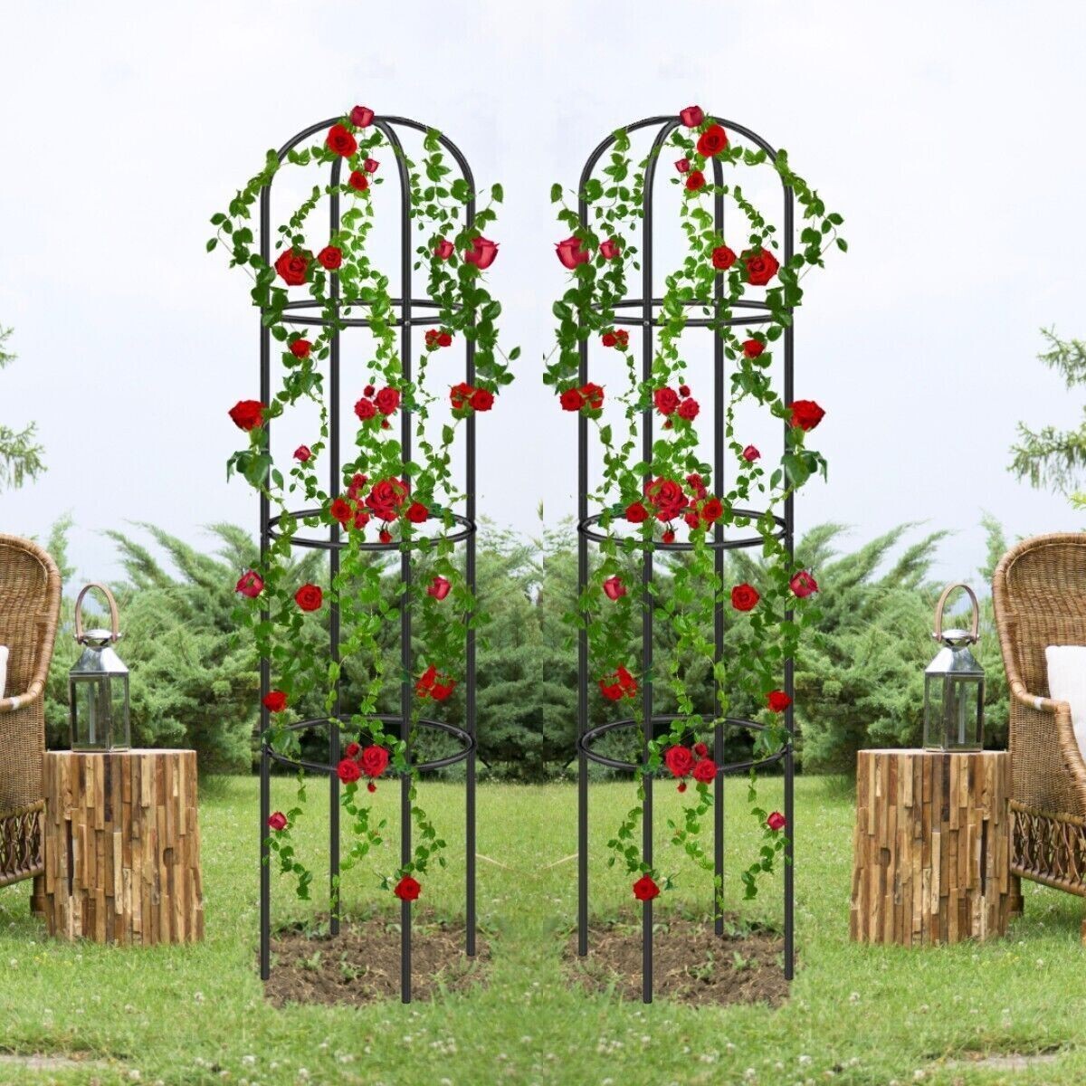 1.9m Metal Garden Obelisk Outdoor Rose Arch Plant Climber Support Trellis 2pc