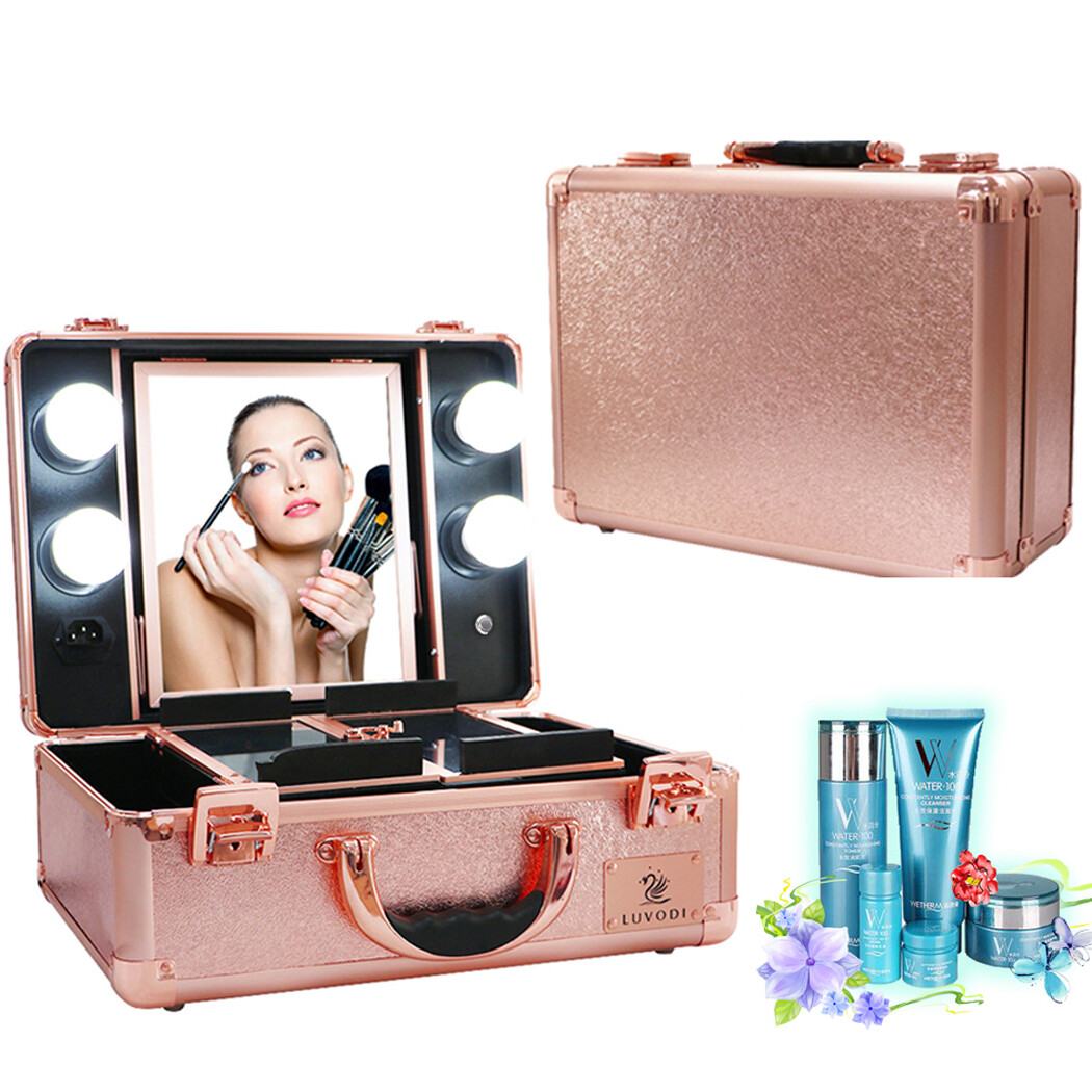 Portable Makeup Case Organizer wit Lighted Mirror Dresser Bag Partition Suitcase