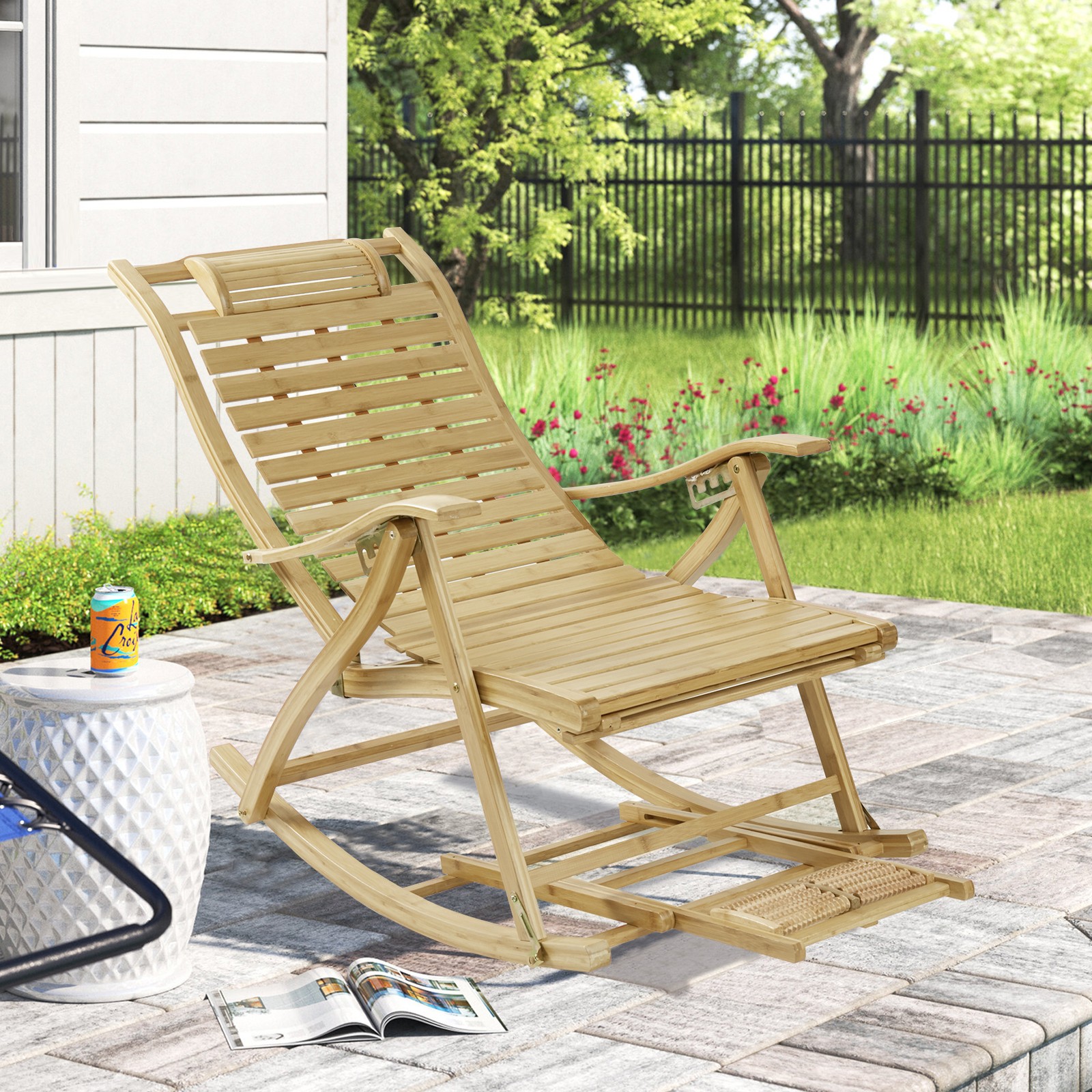 Bamboo Folding Rocking Chair Relax Afternoon Nap Chaise Lounge Indoor & Outdoor