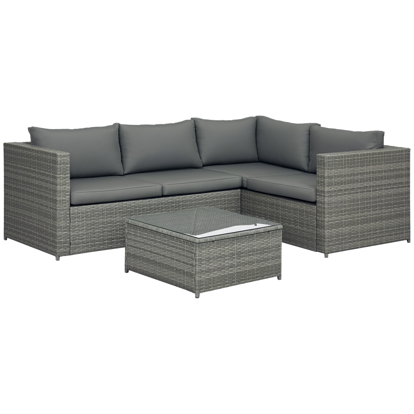 Outsunny 3Pcs Rattan Corner Sofa Set with Coffee Table, Cushion, Grey