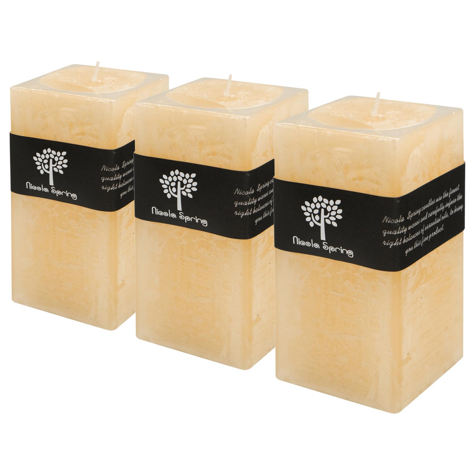 3x Square Vanilla Pillar Candles Large Scented Single Wick 90 Hours Cream