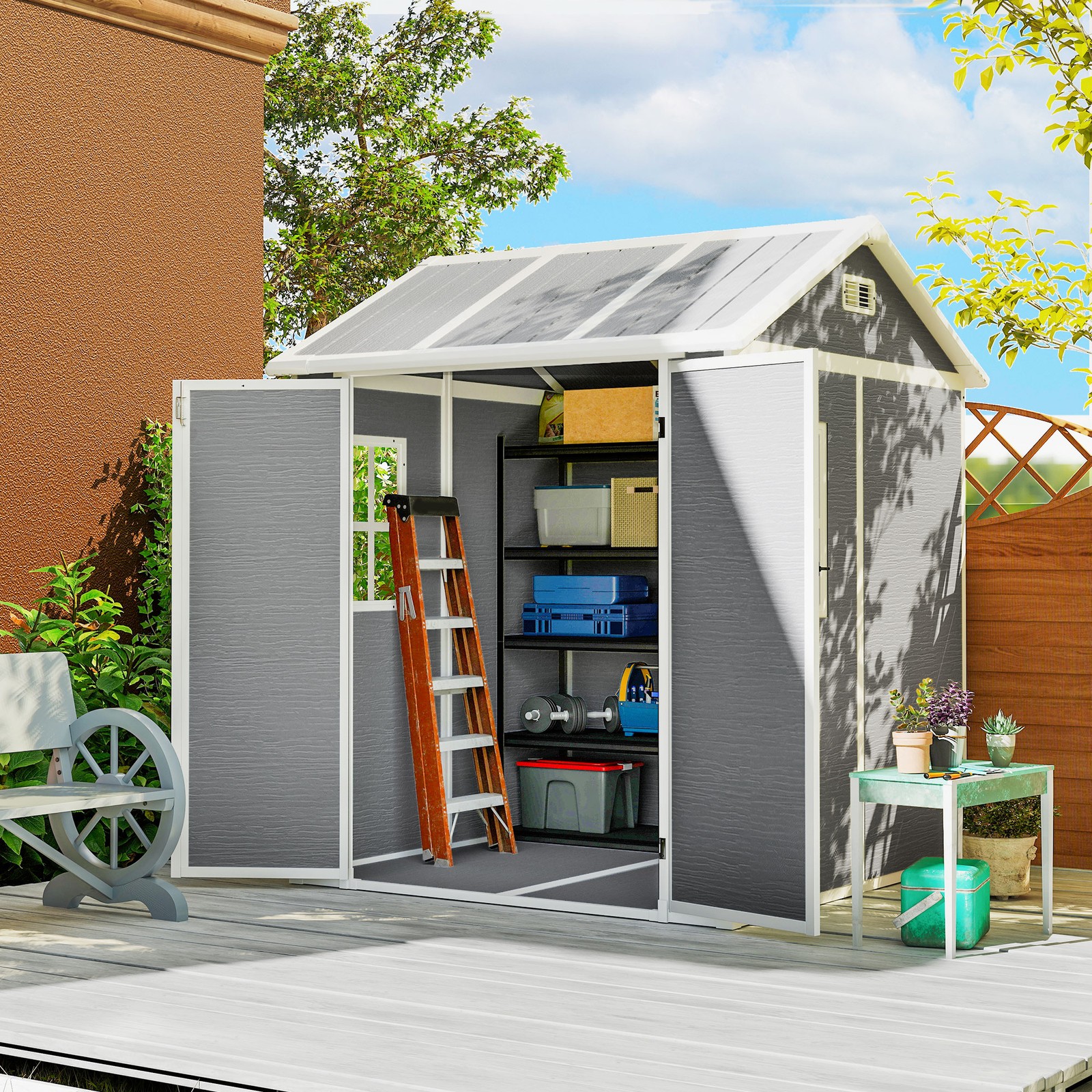 6 x 6ft Plastic Garden Shed with Floor, Window, Lockable Doors, Vents, Grey