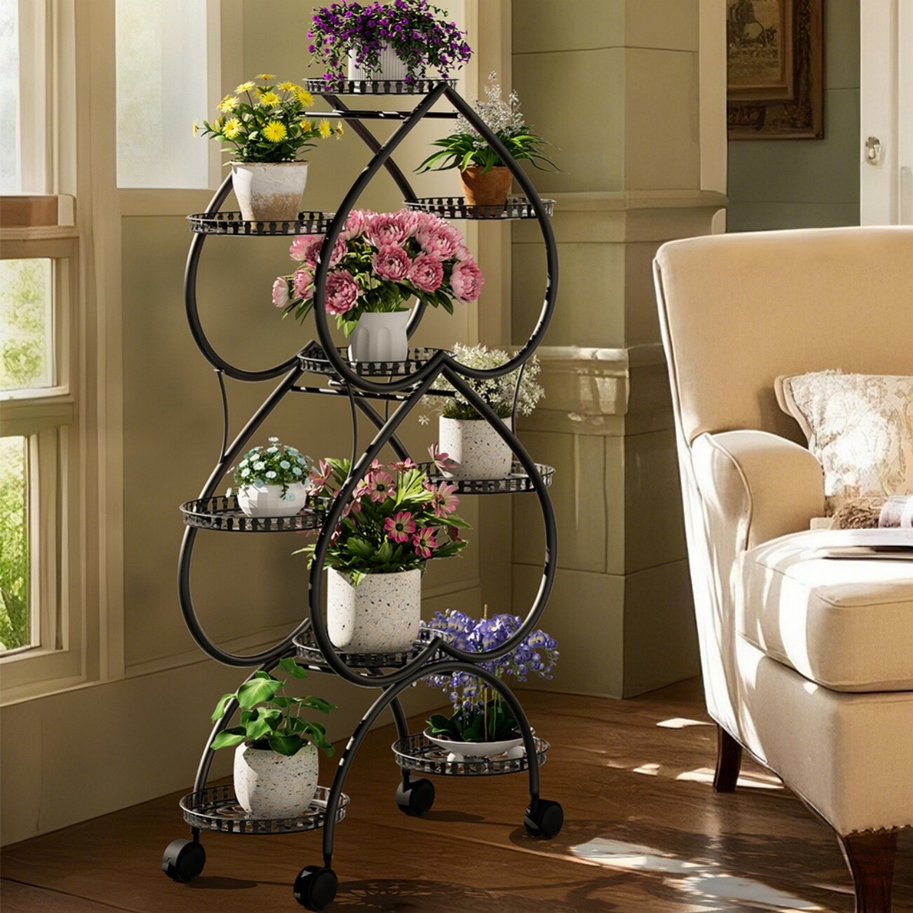 49" Tall Movable Flower Pots Display Rack Iron Plant Stand for Indoor & Outdoor