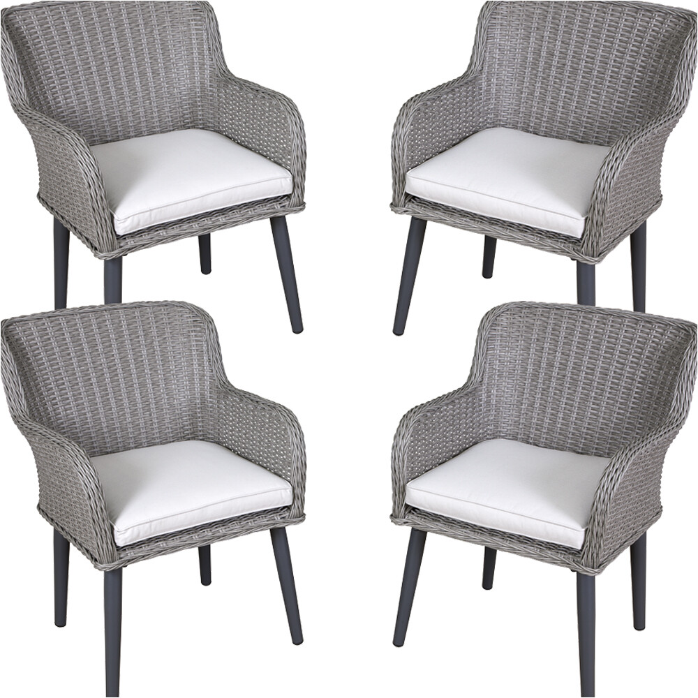 4 PACK Garden Dining Armchairs & Cushions - Grey Rattan Wicker - Outdoor Seating
