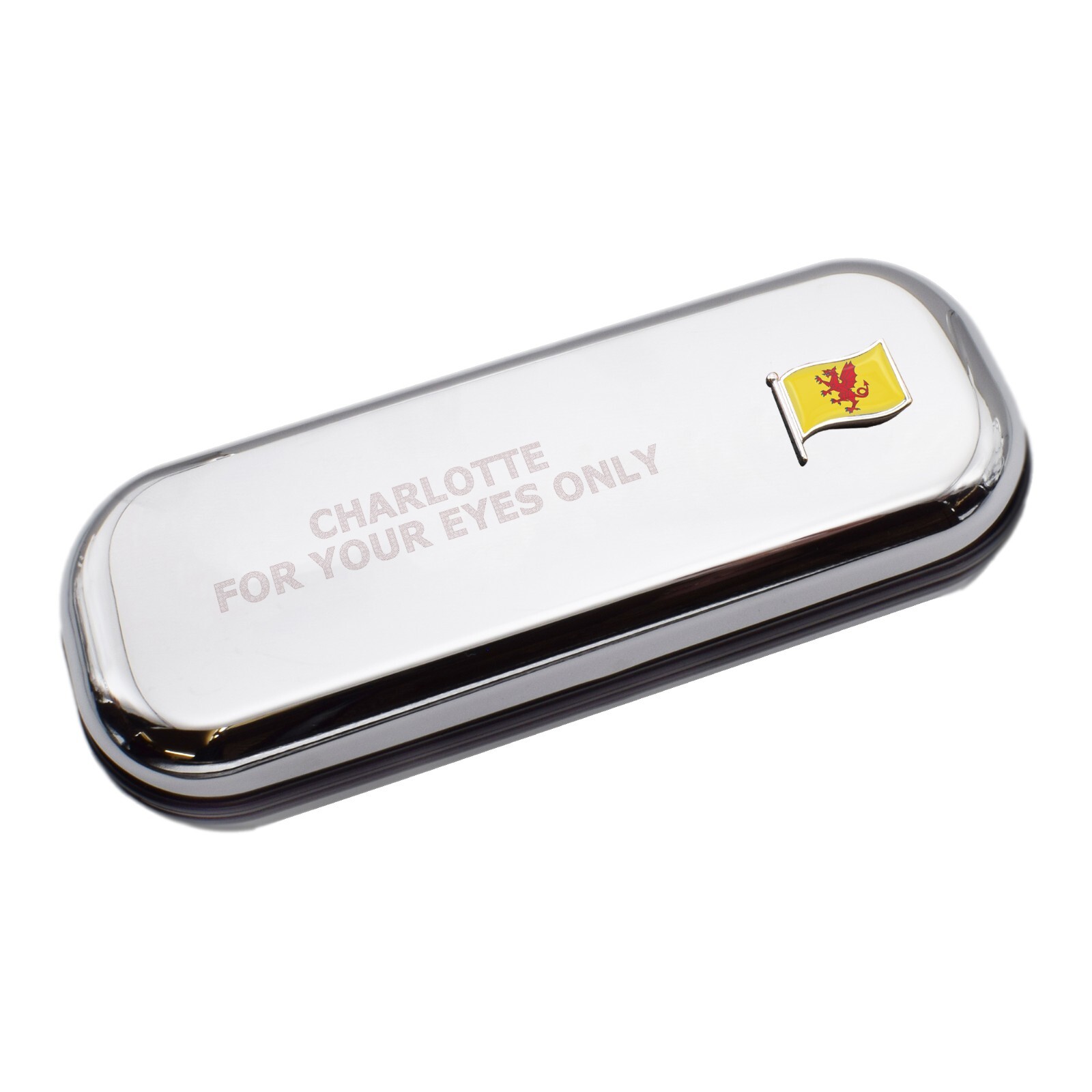 Somerset Wave Flag & Engraved With Message Chromed Glasses Case Box