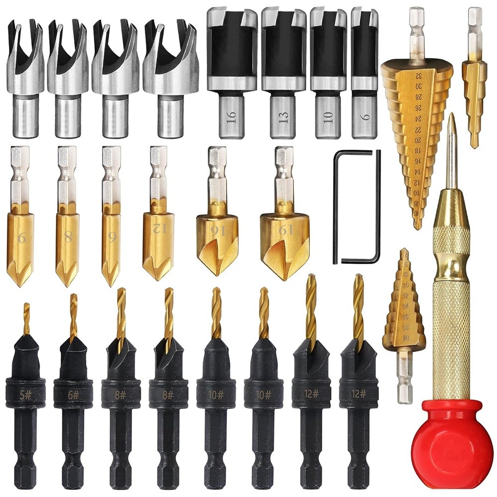 28Piece Woodworking Chamfer Drilling Tools Including Countersink Bit Steel R7Y7