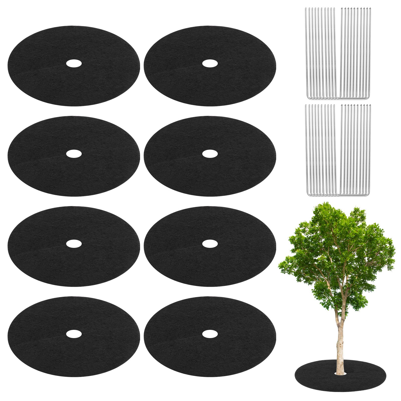 8-Pack Tree Mulch Ring, 20.5 Inch Tree Protector Mat W 20 Garden Stakes [Black]