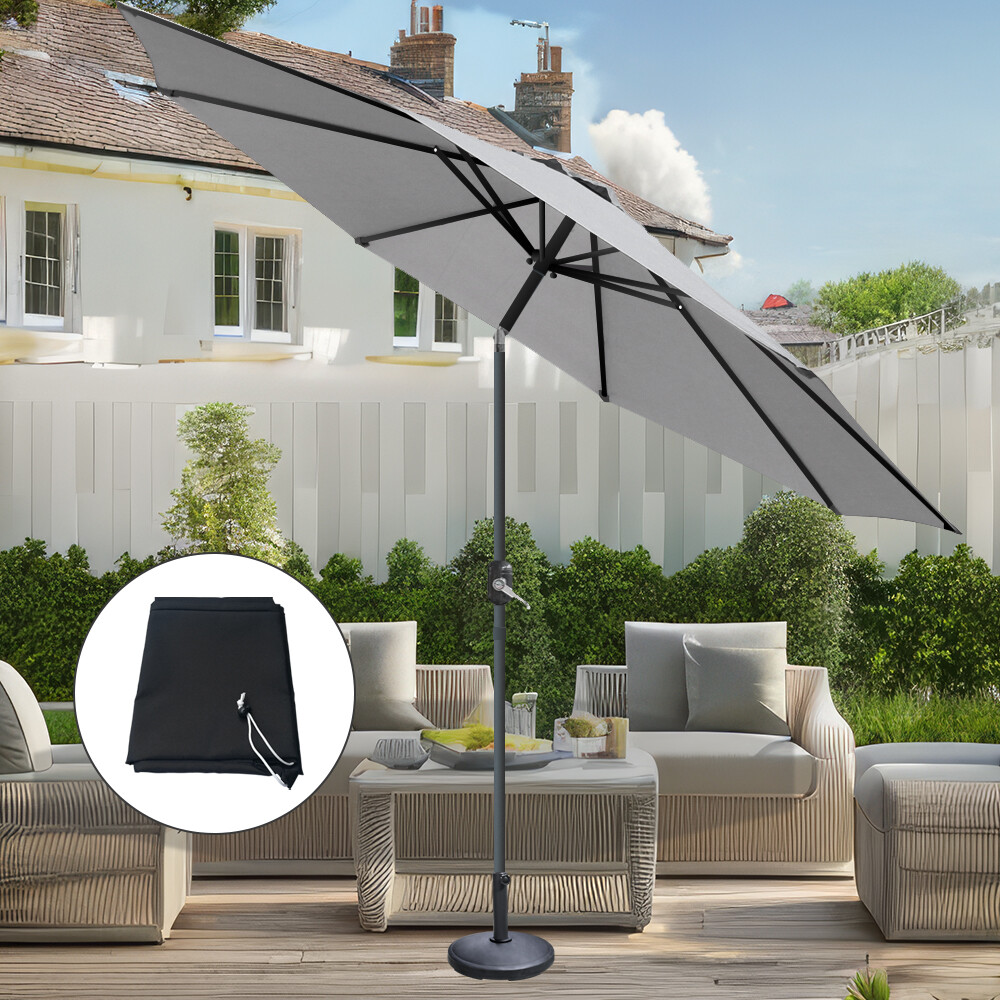 2.7M Grey Sun Shade Parasol Garden Canopy Umbrella Crank Tilt with Base Cover