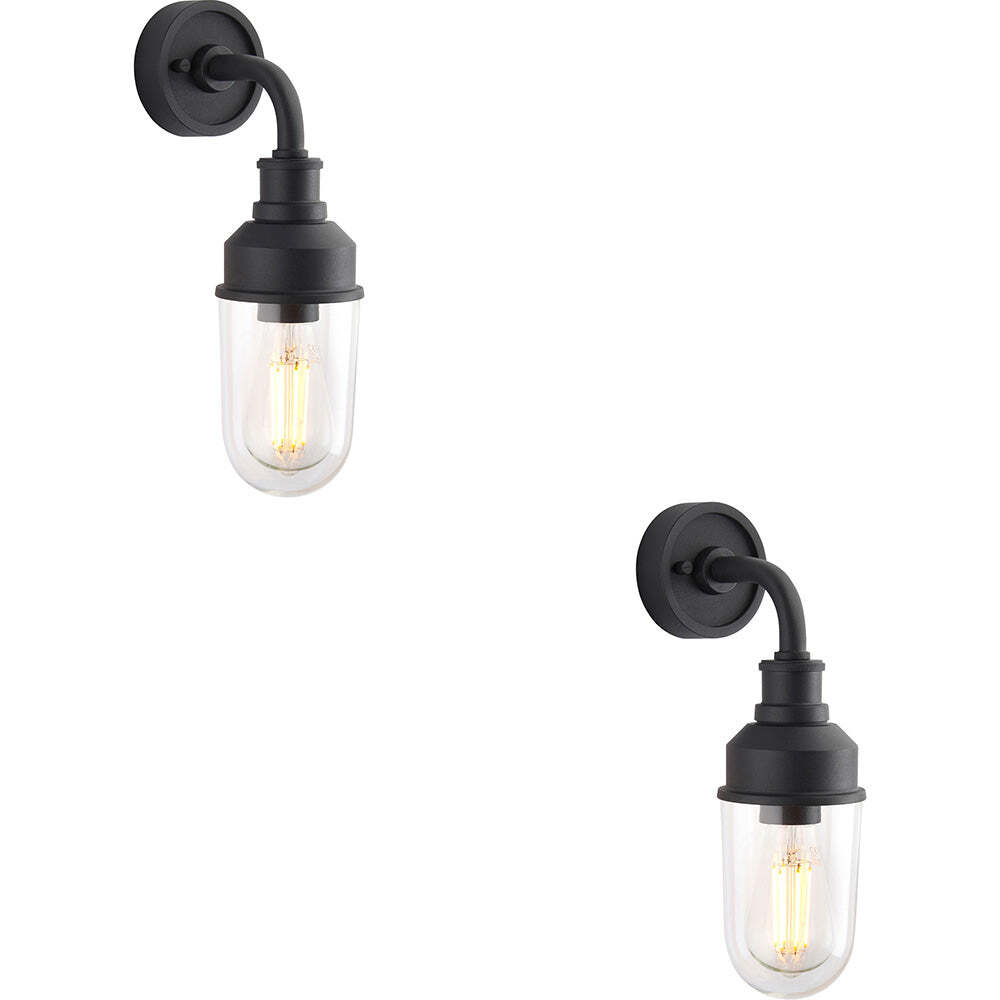 2 PACK IP44 Outdoor Wall Light Textured Black Industiral Frame Clear Glass Shade