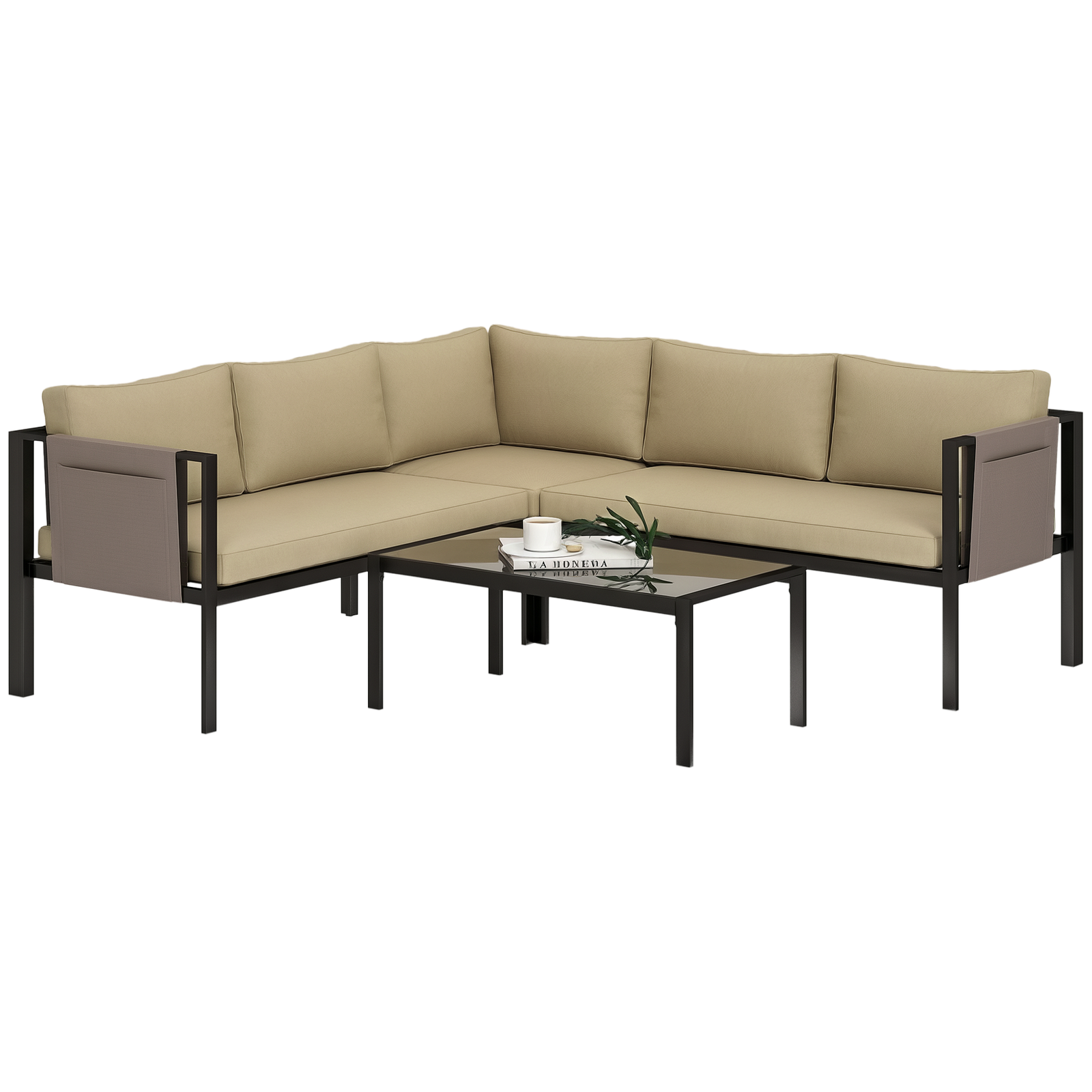 Outsunny 4 Piece Garden Furniture Set w/ Breathable Mesh Pocket, Khaki