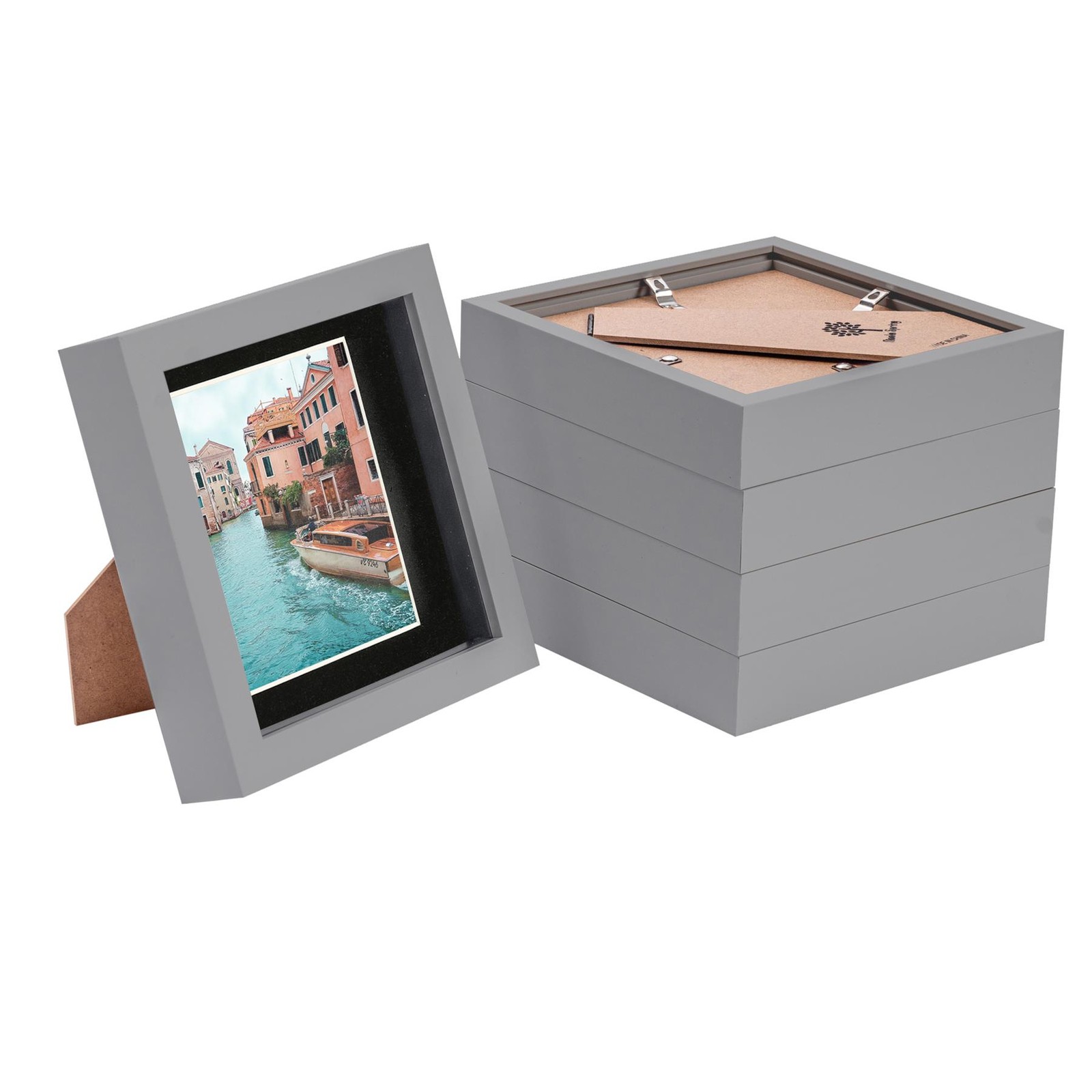 5x Grey 6" x 6" Acrylic 3D Box Photo Picture Frame - Black 4" x 4" Mount